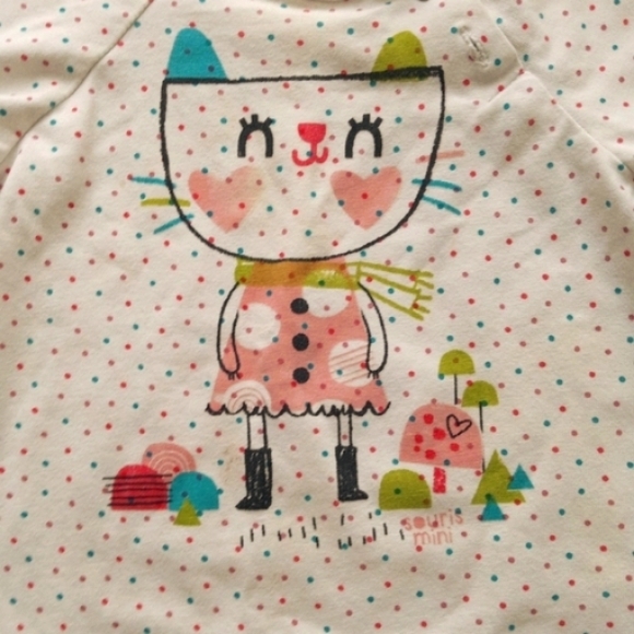 💫Souris Mini Toddler's Playful Pink and White Long Sleeve Tee with Cat Design - Picture 5 of 5